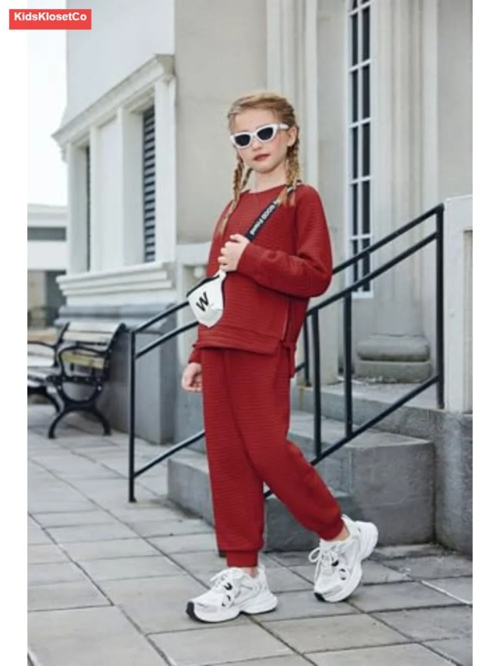 Girls Waffle Knit 2 Piece Tracksuit Jogger Set Long Sleeve Athletic Activewear